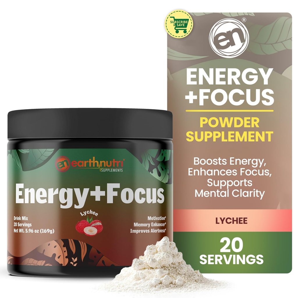 EarthNutri 에너지 + 초점 분말 보충교재 - 에너지 부스트 & 도움 PeakO2, AlphaSize, Cognizin, PurCaf, Theacrine, Acetyl L Carnitine L-Tyrosine - Lychee 풍미 - 20의 서빙 (171g)