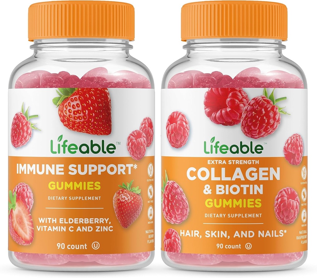 Lifeable 면역 지원 + Collagen & Biotin, Gummies 번들 - 훌륭한 타스팅, 비타민 보충, 글루텐 무료, GMO 무료, Chewable Gummy
