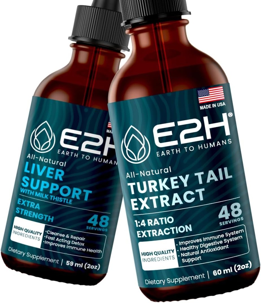 E2H: Liver 지원 보충교재와 터키 꼬리 버섯 추출물 | Vegan, Non-GMO - 2 Fl Oz 각 (4 Fl Oz 합계) - 번들