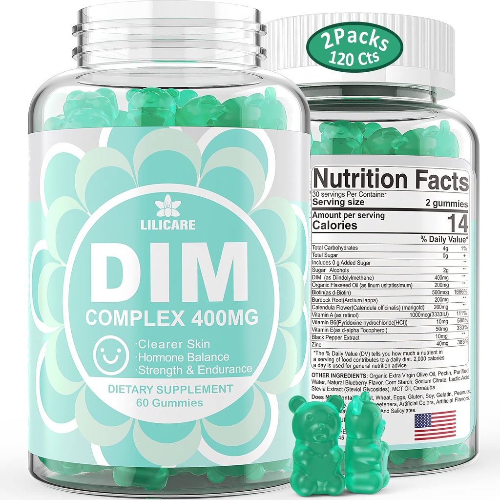 DIM 보충교재 여자 400mg의 여자를 위한 에스트로겐 보충교재, 설탕 자유로운 DIM Gummies 남자 & 여자 + Biotin, Flaxseed 기름, Burdock, Calendula, 호르몬 균형, Menopause & 전립선 120Cts를 위한 BioPerine