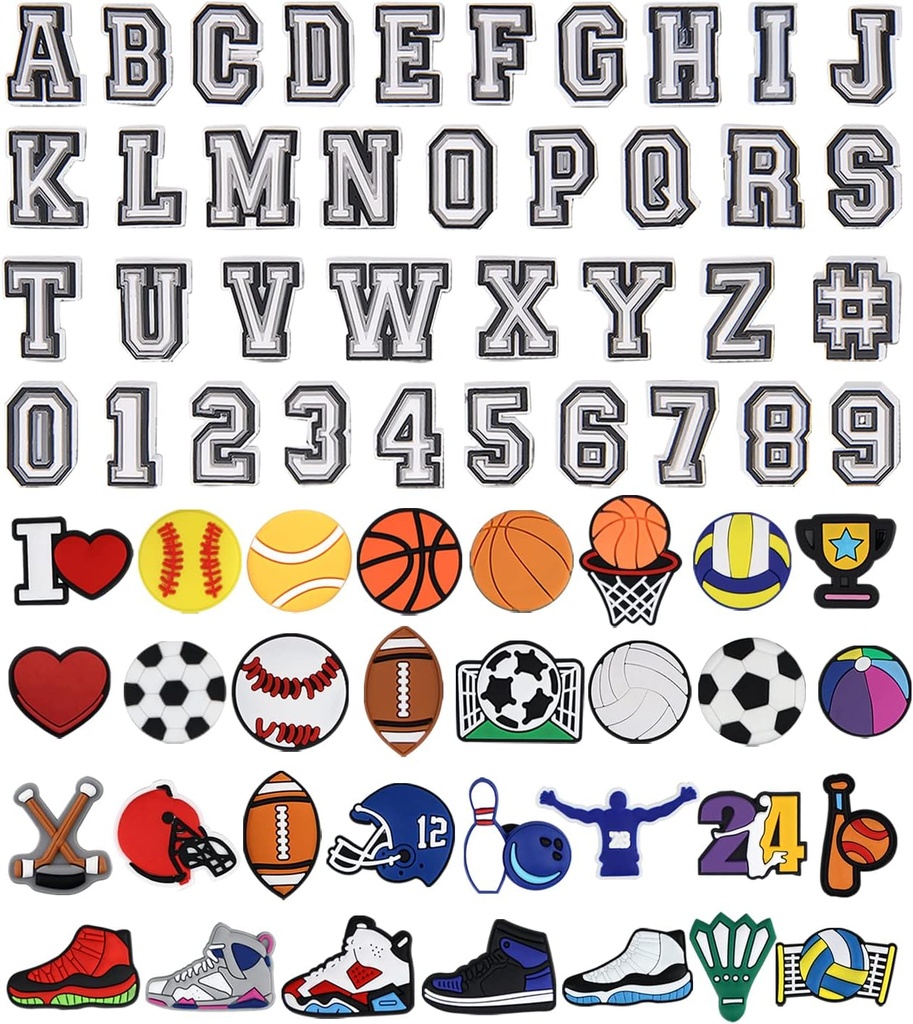 Letters Numbers and Sports Decoration Charms, 농구 야구 하키 Softball Soccer Football Gift for Boys Kids 청소년 및 성인