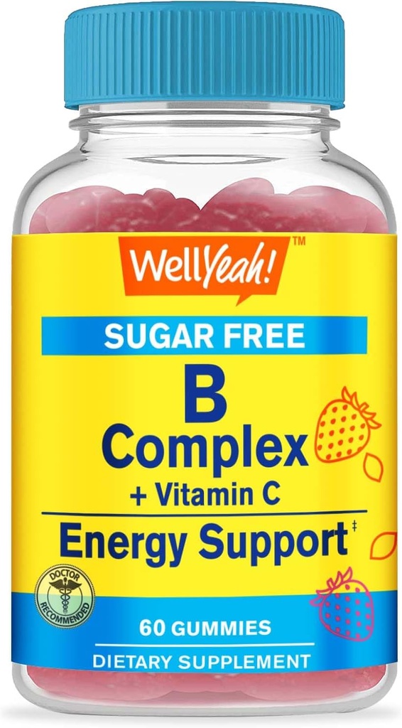 WellYeah Vitamin B Complex Sugar Free Gummies | 비타민 C, Folic Acid | 면역과 에너지 지원 | 딸기 맛 | 60 개