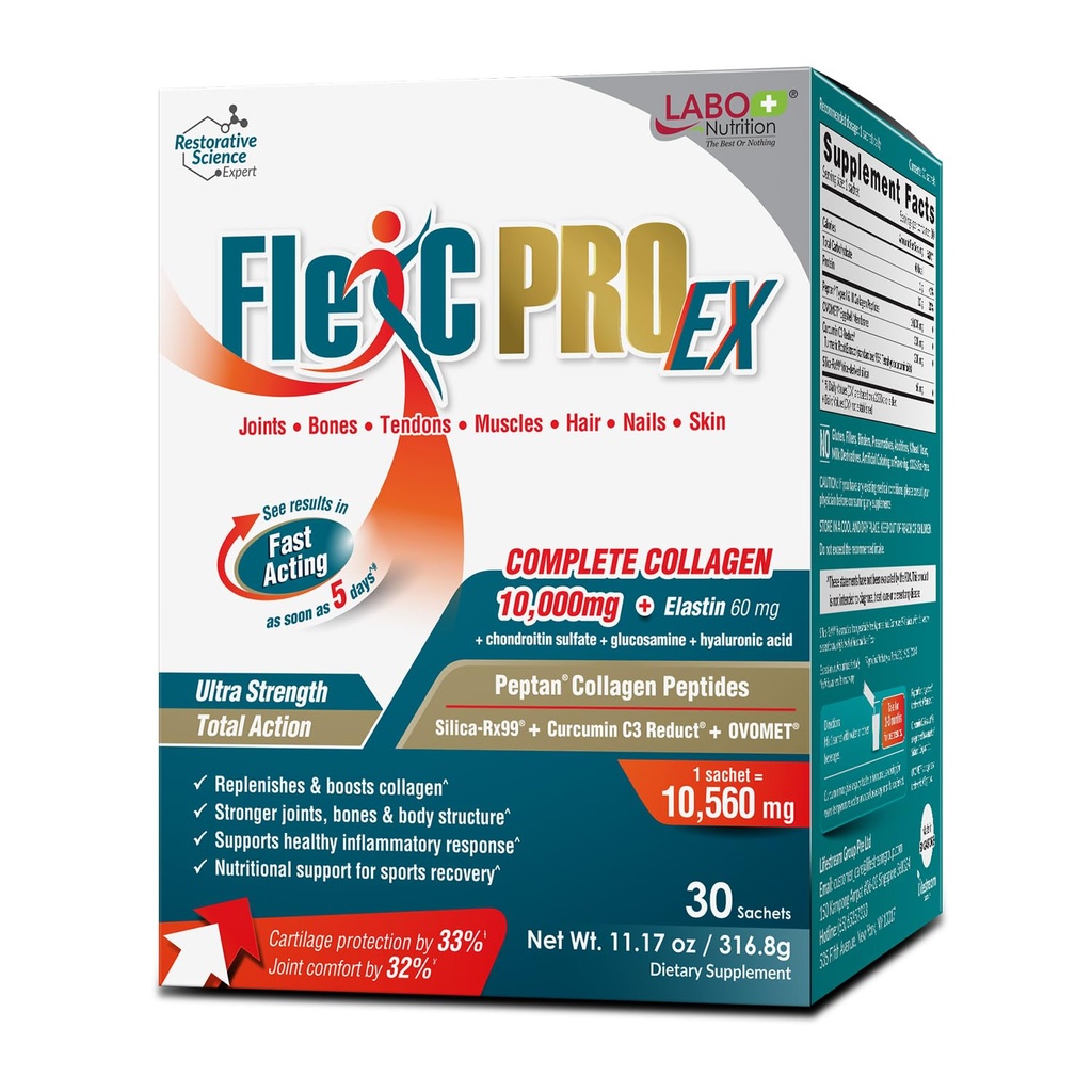 LABO 영양 FlexC PRO EX, Full Spectrum Collagen, Type I, III, V & X, Peptan Collagen, 계란 멤브레인, 수용성 실리카 및 쿠르쿠민 C3 감소, 모발, 피부, 손톱, 관절, 뼈, 근육