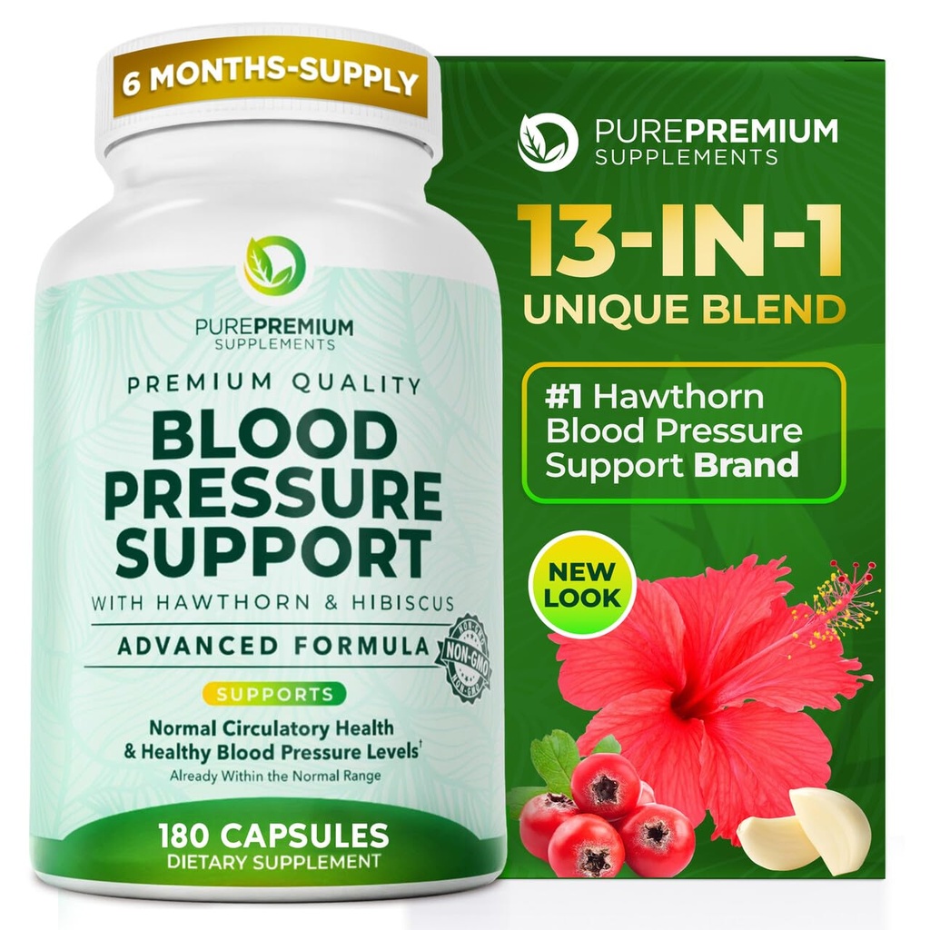Hawthorn Berry, Hibiscus, Garlic & Vitamin B12- 정상적인 심장 건강, 순환 건강 및 혈압 지원을 위한 Nitric 산화물 보충교재를 가진 PurePremium 혈압 보충교재 - 180ct