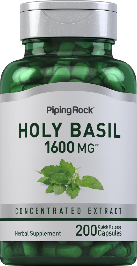 Piping Rock Holy Basil Capsules | 1600 mg | 200 알약 | 허브 리프 추출물 | 여성과 남성용 보충 | Ocimum Tenuiflorum | Non-GMO, 글루텐 프리
