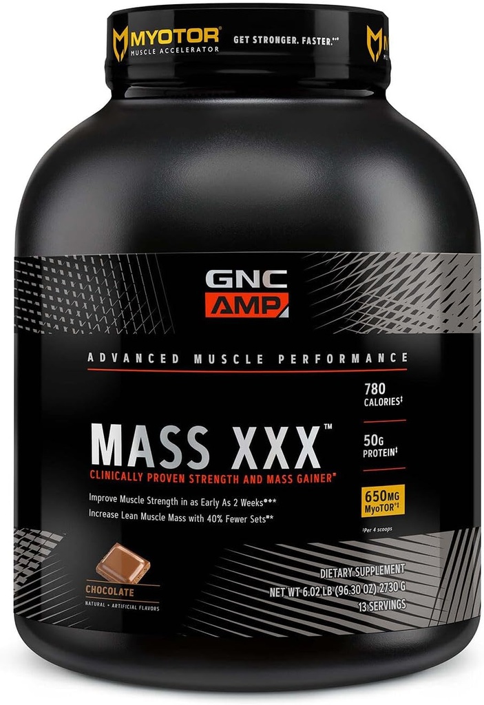 GNC AMP 질량 XXX의 임상으로 입증된 무게 게인더 단백질 분말은, 힘과 크기를 개량합니다, 780 칼로리, 50g 단백질, Micronized 아미노산, 크레아틴, 베타인, 초콜렛, 13의 서빙, 6 파운드를 개량합니다