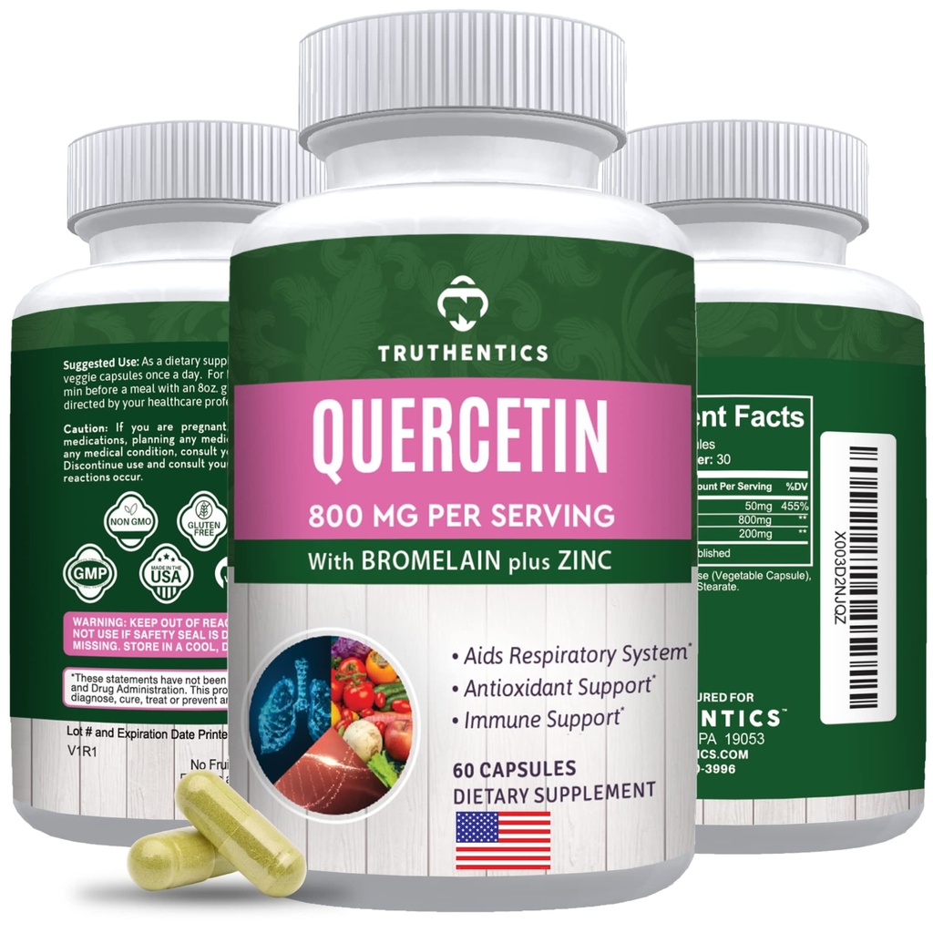Bromelain 및 아연 1050mg의 TRUTHENTICS Quercetin - Immune, 호흡 및 계절 지원을위한 프리미엄 아연 Quercetin 보충제 - Non-GMO, 글루텐 무료 - 60 Veggie 캡슐