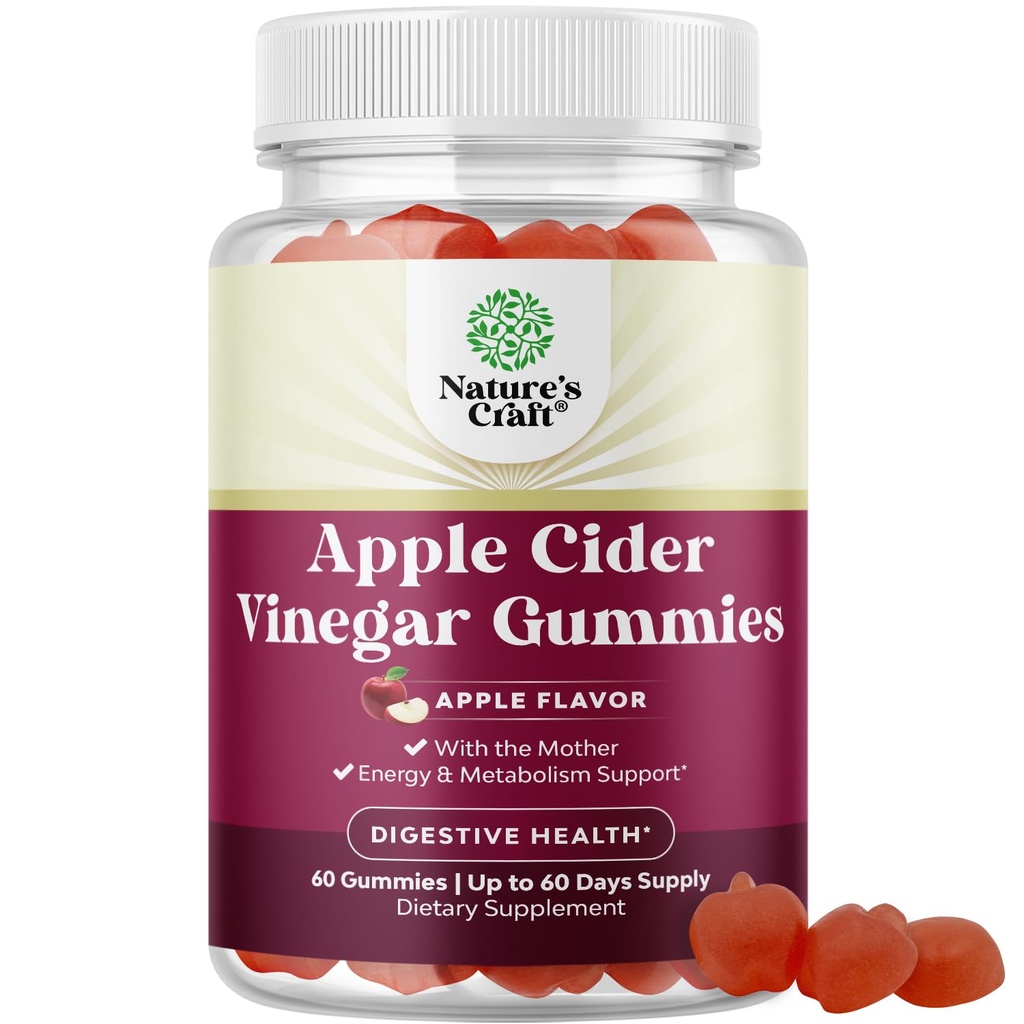 Apple Cider Vinegar Gummies with Mother - 체중 감량, Gut 건강, Bloating, Metabolism 및 에너지 지원을위한 Cleanse & Detox ACV Gummies - B12 비타민, B6 및 Pomegranate와 어머니가있는 ACV - 60 Ct