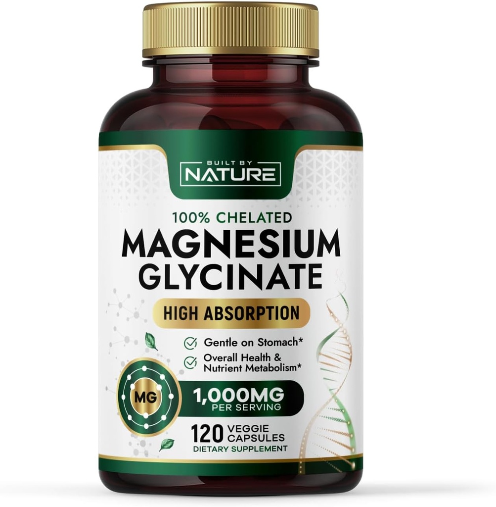 Nature Magnesium Glycinate 1000mg – 높은 흡수 마그네슘 보충 – 100% 킬레이트, Stomach에 Gentle - 근육, 심장, 뼈 및 휴식 지원 - 비 GMO, Vegan - 120 캡슐