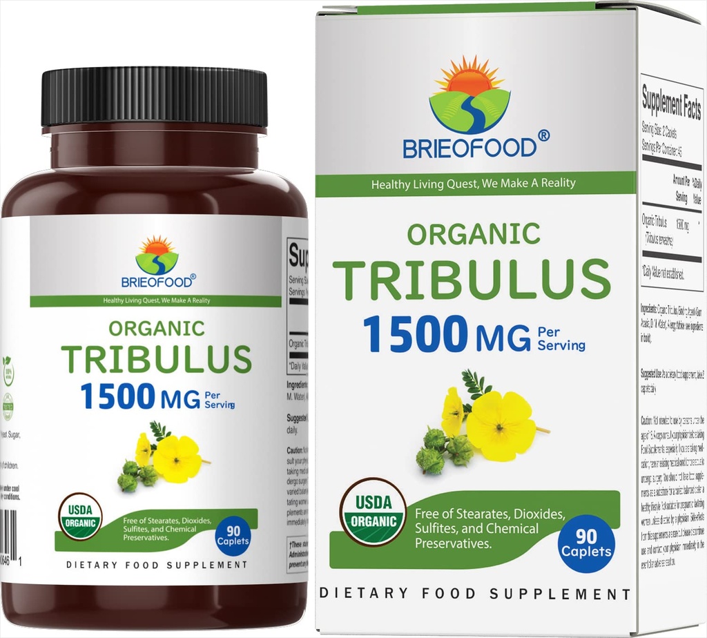 Brieofood 유기 Tribulus 1500mg, 45 서빙, 채식, 글루텐 무료, 90 채식 정제