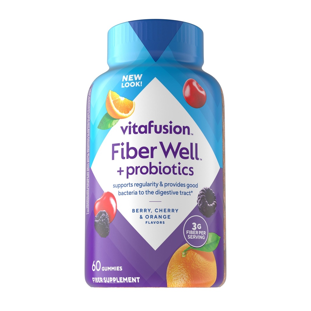 Vitafusion Fiber Well + Probiotics Gummies for Adults - 소화 건강 및 Probiotics *, 60 조사에 대한 서빙 당 3g 섬유