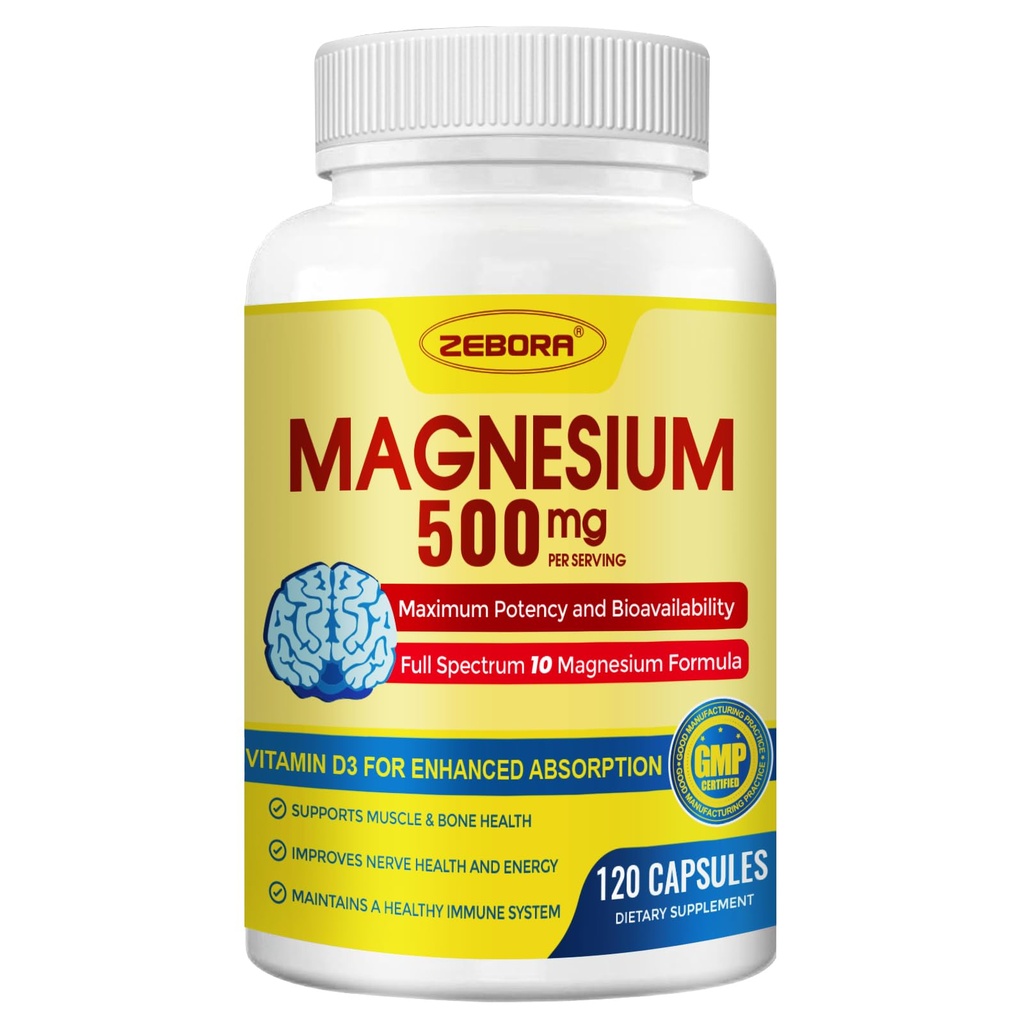 10-in-1 마그네슘 복합 보충, 마그네슘 글리세라이드와 500mg, 킬레이트 높은 흡수 플러스 비타민 D3 & 아연 - Nerve, 근육 & 뼈 지원 - 120 캡슐