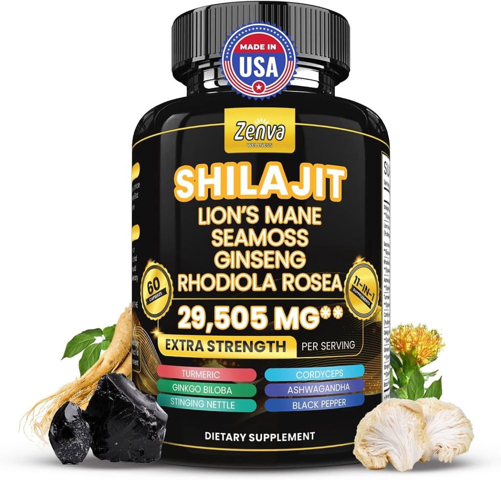 Shilajit와 바다 Moss 결합 남자와 여자를위한 순수한 Shilajit Himalayan Shilajit 캡슐 추가 강도 라이스 Mane, Rhodiola Rosea, Ashwagandha, Cordyceps, Ginseng Plus Turmeric