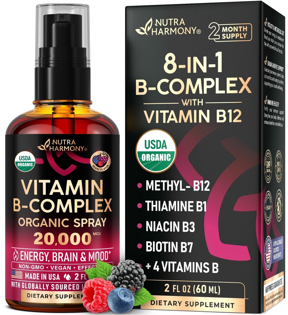 USDA 유기 비타민 B 복합 액체 스프레이 8-in-1-B5 Pantothenic 산 | B12 Methylcobalamin | B1 Thiamine | B6 Pyridoxine | B7 Biotin | B9 Folic | B3 Niacinamide - 미국 보충교재, 2fl oz