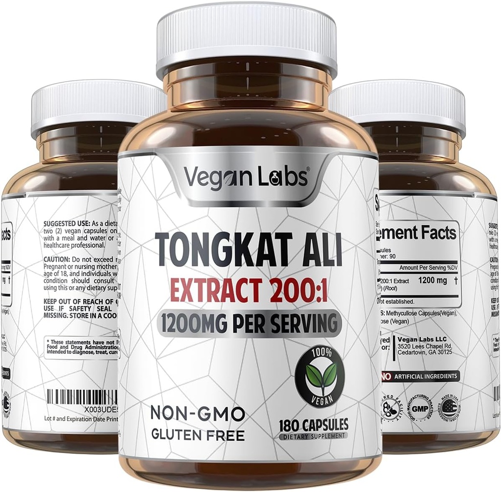 Vegan Labs Tongkat Ali 200 : 1 추출물, 서빙 당 1200MG - 180 Vegan 캡슐 지원 에너지 및 체력 - 글루텐 무료, 비 GMO 프리미엄 품질 보충