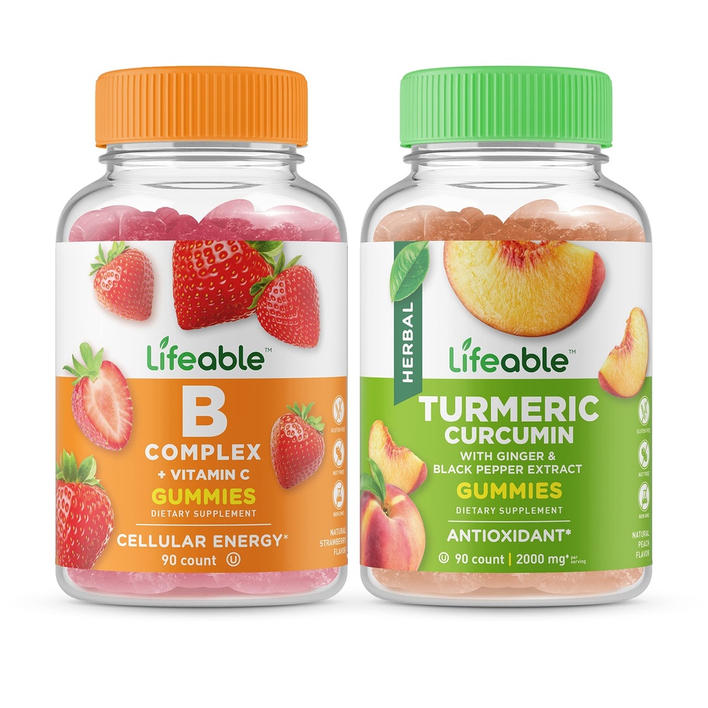 Lifeable B Complex + Turmeric Curcumin, Gummies Bundle - 훌륭한 타스팅, 비타민 보충, 글루텐 무료, GMO 무료, Chewable