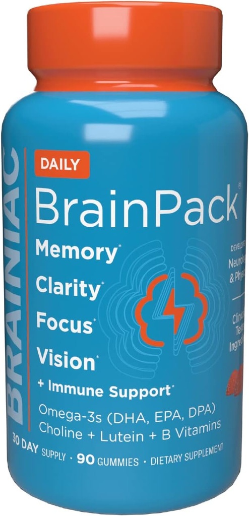 Brainiac Daily BrainPack Gummies는 오메가 3 DHA EPA DPA, Choline, B6 & B12 및 Immune 지원, Citrus Berry 풍미, 90 ct를 가진 눈 건강을 위한 Lutein를 가진 뇌 건강을 지원합니다