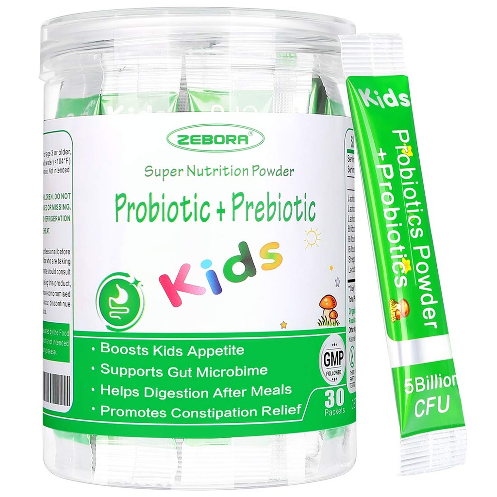 ZEBORA Kids Probiotic & Prebiotics Powder Age 3+ 자연적인 근원을 가진 아이들의 소화 & 면역 체계, 승진시킵니다 변비 완화, 비 GMO, 글루텐 자유로운, 5억 CFUs를 가진 30의 소포