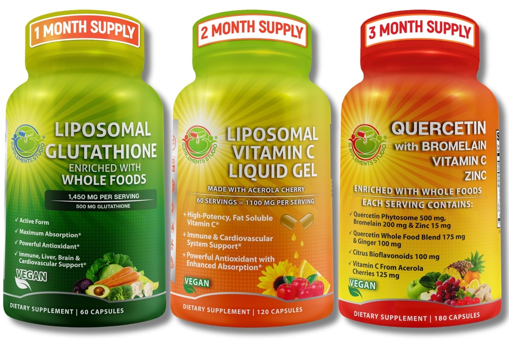 매일 면역력 지원 번들 – Liposomal 비타민 C 1100mg 액체 젤 + Liposomal 글루타티온 500mg + Bromelain, 아연 & 전체적인 음식 혼합을 가진 Quercetin – 비 GMO의 최대 흡수