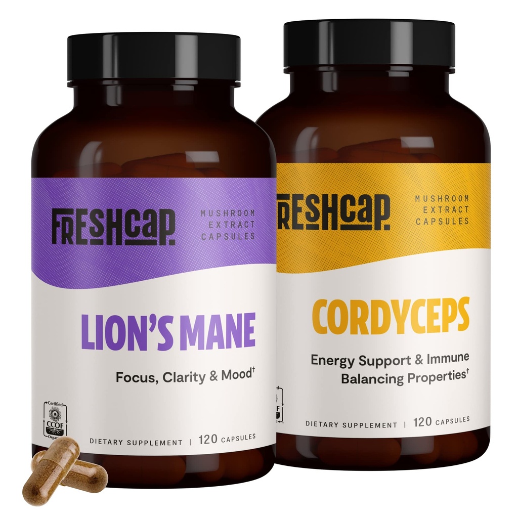 FreshCap Mushrooms 성능 번들 (Lion의 Mane 캡슐 및 Cordyceps 캡슐)