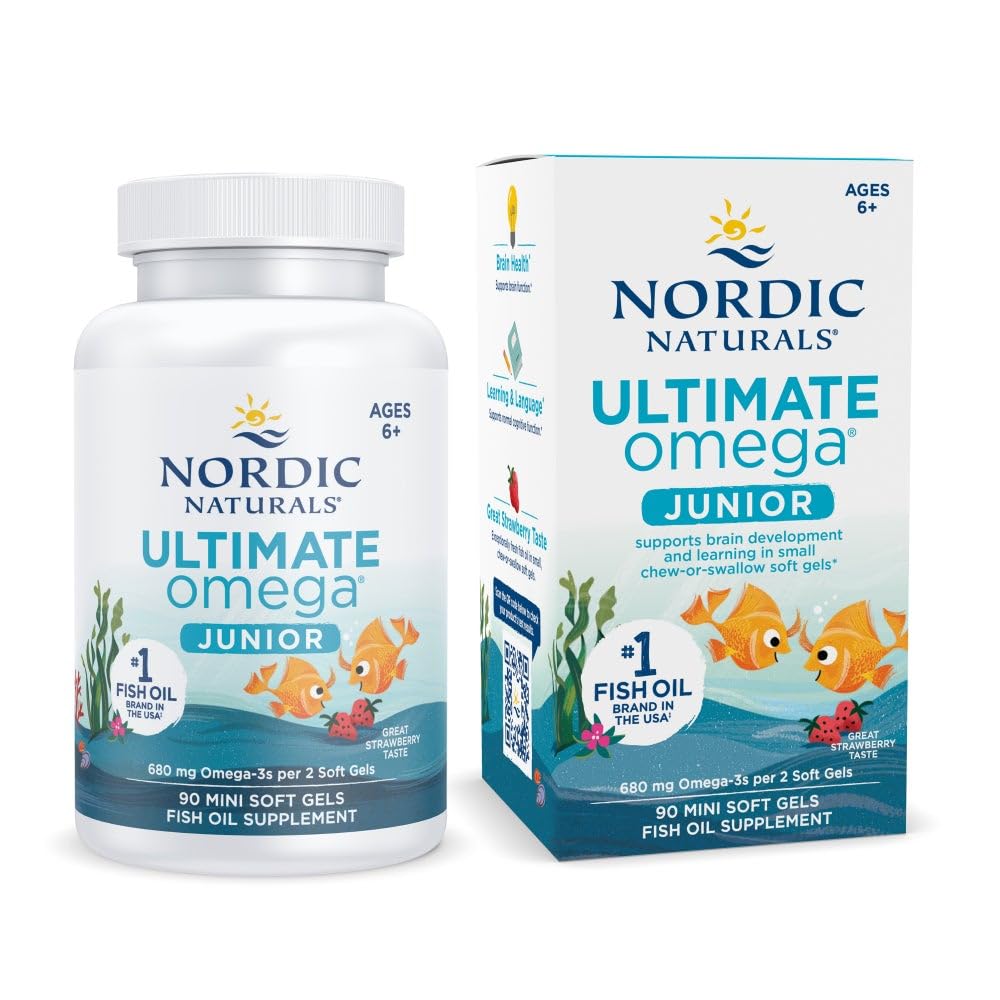 Nordic Naturals Ultimate Omega Jr., Strawberry - 90 미니 소프트 젤 - 680 EPA 및 DHA가있는 총 오메가-3s - 두뇌 건강, 무드, 학습 - Non-GMO - 45 서빙
