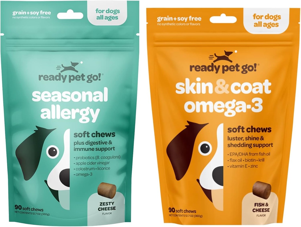 준비 애완 동물 이동! 오메가 3 & 개를위한 알레르기 체스 | Probiotics & Allergy Immune Supplements for Itch & Allergy Relief | Dog Shedding, Skin Allergy, Itch Relief | 90 Chews each