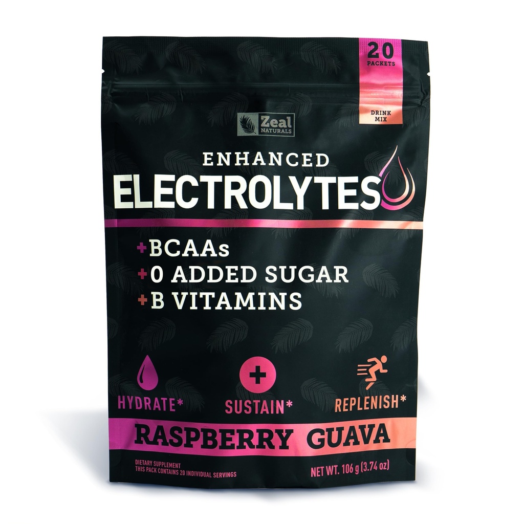 강화 된 전해질 분말 스틱 팩 (Raspberry Guava | 20 Packets) w / 0 Sugar +BCAAs +B-Vitamins Electrolyte Supplement w 칼륨 아연 및 마그네슘 하이드로 션 - Keto Electrolytes