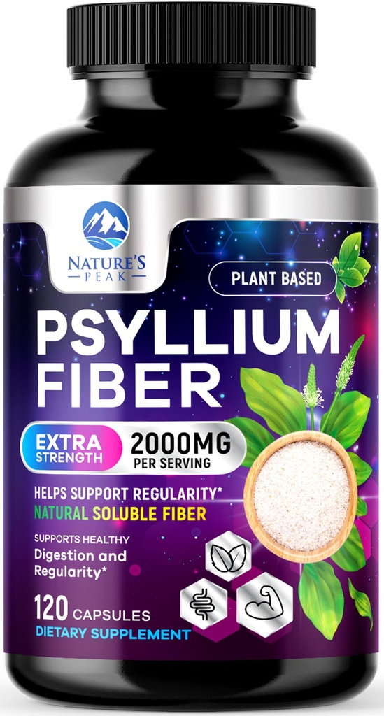 Psyllium Husk 섬유 보충교재 1500mg - Vegan Prebiotic의 매일 소화 건강 & 일정성 지원을 위한 녹는 섬유, 자연적인 Psyllium 분말 모자, 설탕 자유로운, 비 GMO & 글루텐 자유로운 - 120의 캡슐