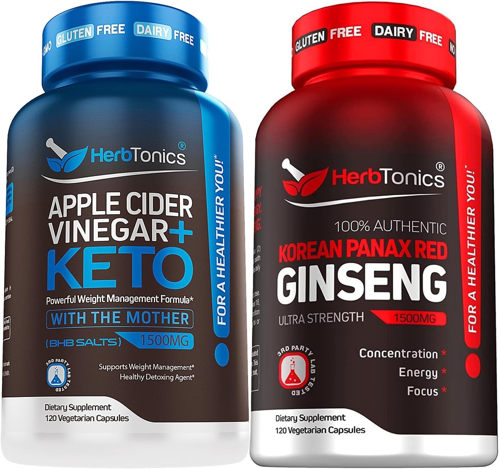 Herbtonics Apple Cider Vinegar 캡슐 플러스 Keto BHB | 여성 및 남성을위한 지방 버너 및 체중 감소 보충교재 - 고강도 Ginseng Korean Red Panax Extract - 남성 및 여성을위한 성능 지원