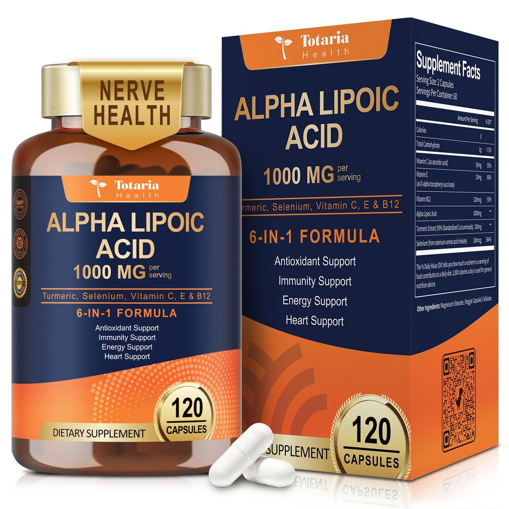 Totaria 알파 Lipoic 산 1000mg - Neuropathy 지원 Nerve 건강, Liver Detox, Antioxidant, Metabolism 및 세포 에너지, 노화 방지를 위한 ALA 보충교재 산화 방지제 - 비 GMO, 글루텐 자유로운, Vegan 안전