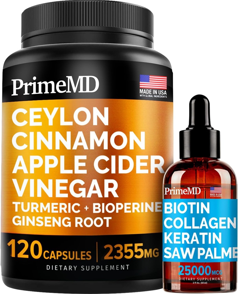4-in-1 액체 Biotin Collagen Keratin 톱 팔로토 드롭 (2 fl oz - 1 Pack) & 5-in-1 Ceylon Cinnamon w Turmeric & Ginseng 뿌리 (120ct) 번들 - 머리, 피부, 손톱, & 면역 지원 보충교재