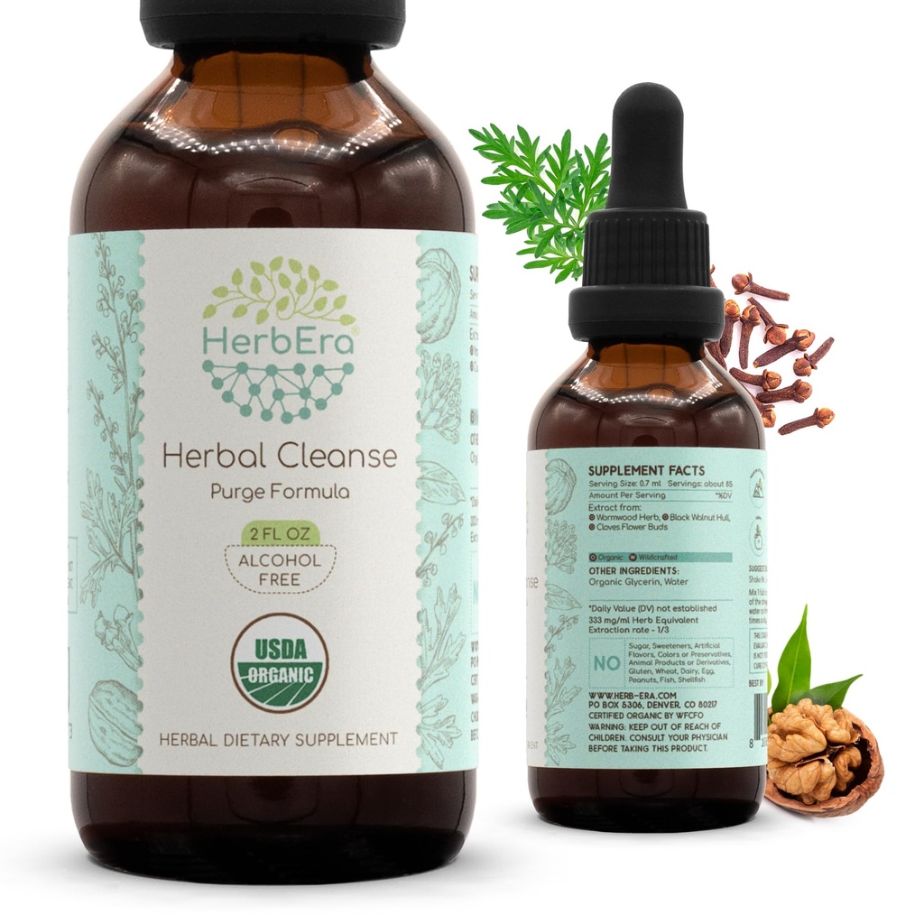 허브에라 허브 클렌징 유기 알코올 프리 텍쳐 | Detox and Cleanse Formula, Extract Supplement | Organic Wormwood Herb, Black Walnut Hull, Cloves Flower Bud | Purge Extract (2 fl oz)