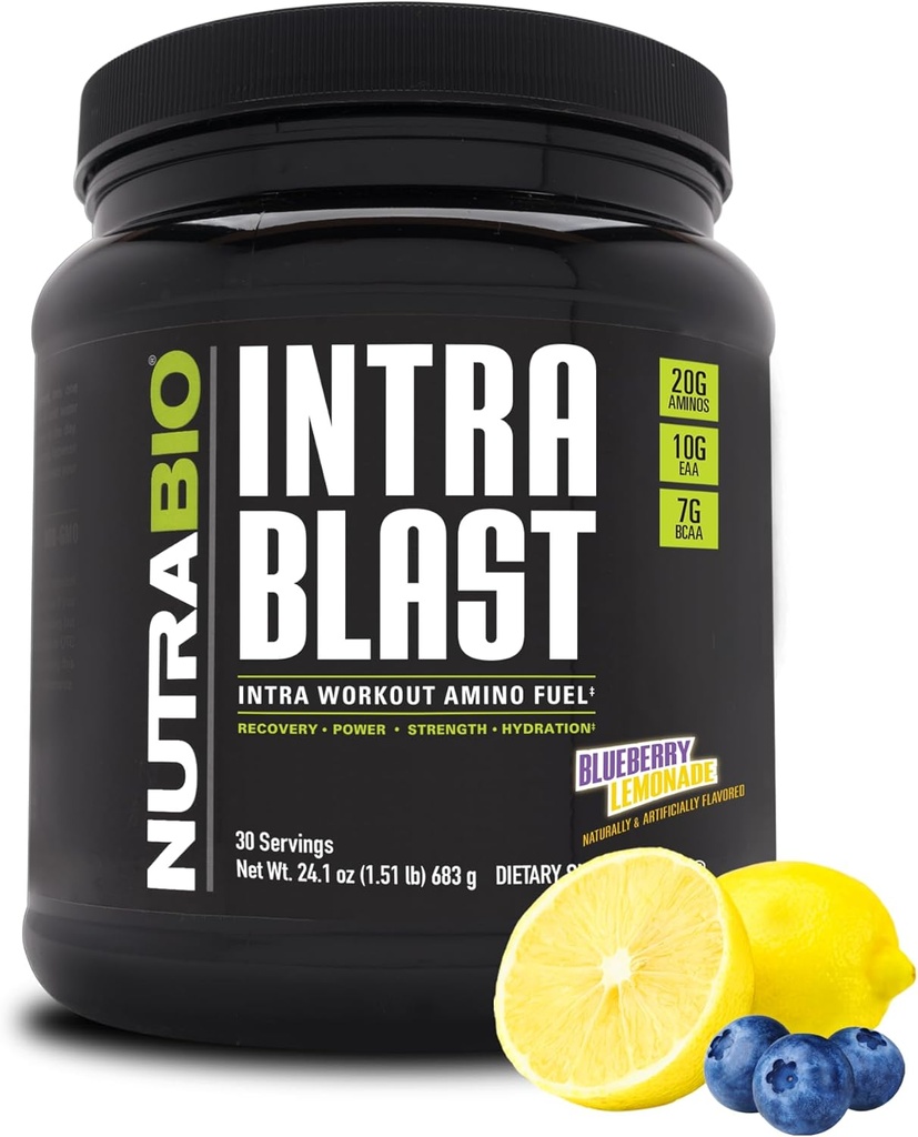 NutraBio Intra Blast Bcaa 분말 아미노산 보충교재, Electrolyte & Hydration 혼합, Intra, 전 운동 & 근육 회복, 20g Eaa 아미노산 분말, 5g 글루타민 블루 베리 레몬, 30 서빙
