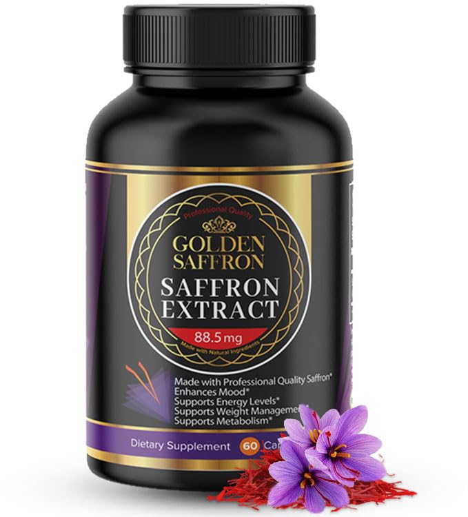 Golden Saffron Saffron Extract Capsules - Premium Saffron Supplements - 88.50 mg Pure Saffron Pills - 무드 지원 - 눈 지원 - 감정 균형, 초점 및 눈 건강 미국에서 만든 - 60 캡슐