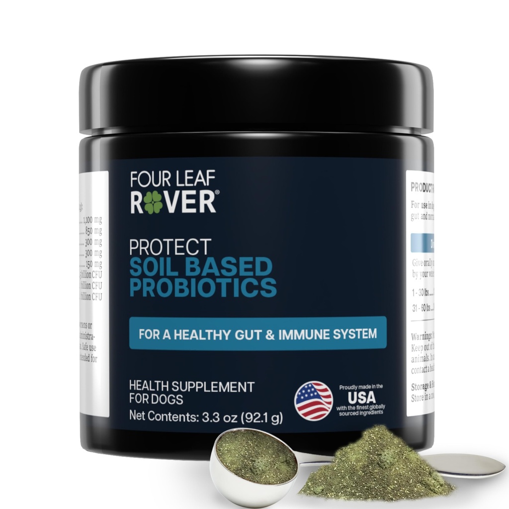 4 잎 Rover Protect - 개를위한 Probiotics - 수의사 공식화 - 자연 프리 바이오 틱스 및 산화 방지제 - 해독 및 과트 건강 - 30 일 대형 개 공급
