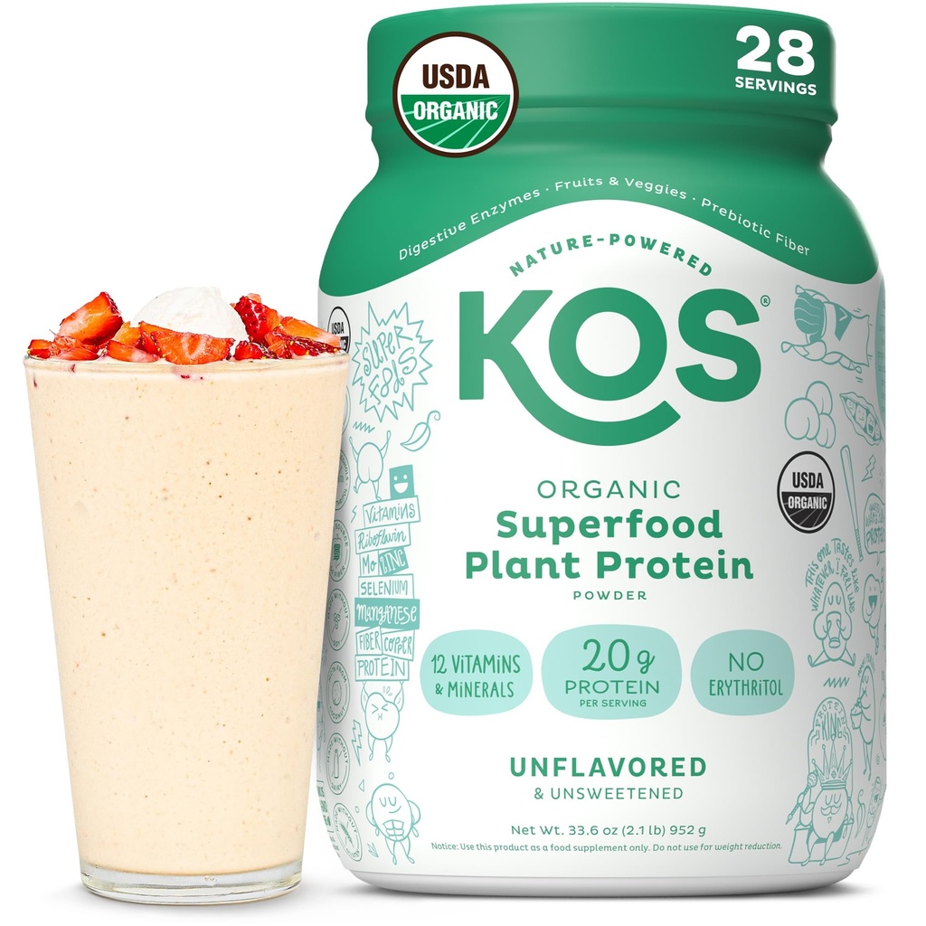 KOS Vegan Protein Powder, Unflavored & Unsweetened - 낮은 Carb Pea Protein Blend, 비타민 및 미네랄이 풍부한 유기농 Superfood - Keto, Soy, Dairy Free - 여성 및 남성을위한 식사 교체 - 28 서빙