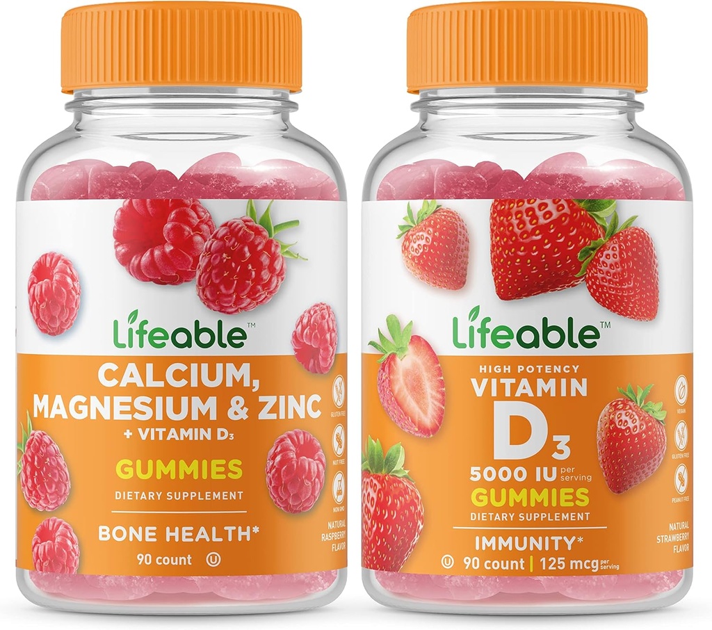 Lifeable 칼슘, 마그네슘, 아연 & 비타민 D + 비타민 D 5000 IU, Gummies 번들 - 훌륭한 타스팅, 비타민 보충, 글루텐 무료, GMO 무료, Chewable