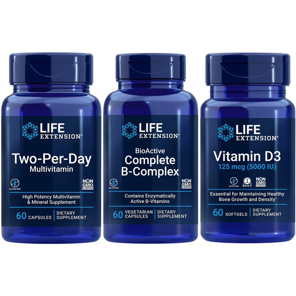 수명 연장 2 일 멀티 비타민, 60 캡슐 | BioActive Complete B-Complex, 60 캡슐 | 비타민 D3 125 mcg (5000 IU), 60 softgel | 뼈 및 면역 건강, 에너지 및 물질 대사 지원