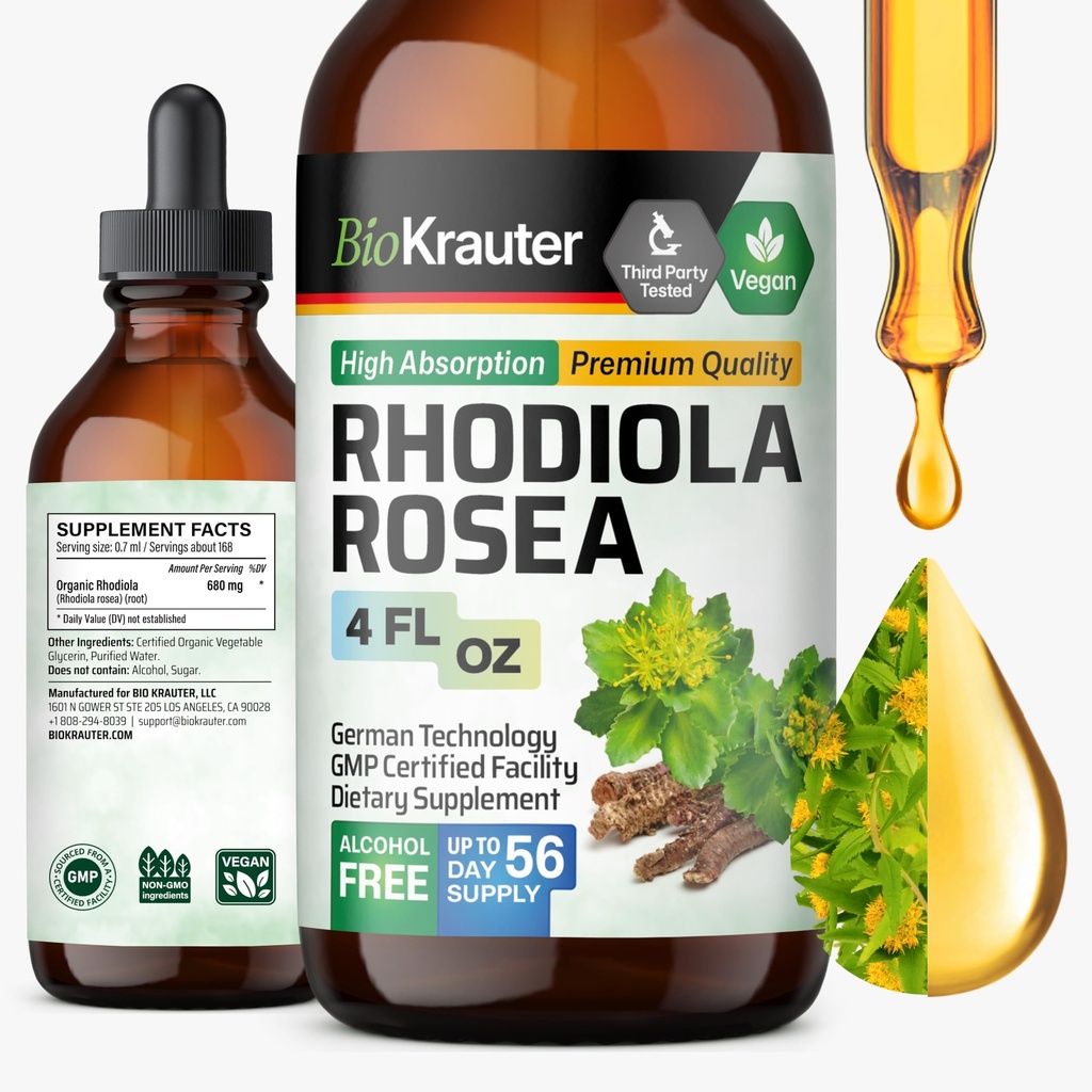 BIO KRAUTER Rhodiola 보충 액체 - Calmness 지원을 위한 순수한 Rhodiola Rosea Tincture - 알콜 & 설탕 자유로운 추출물 - 4 Fl.Oz.