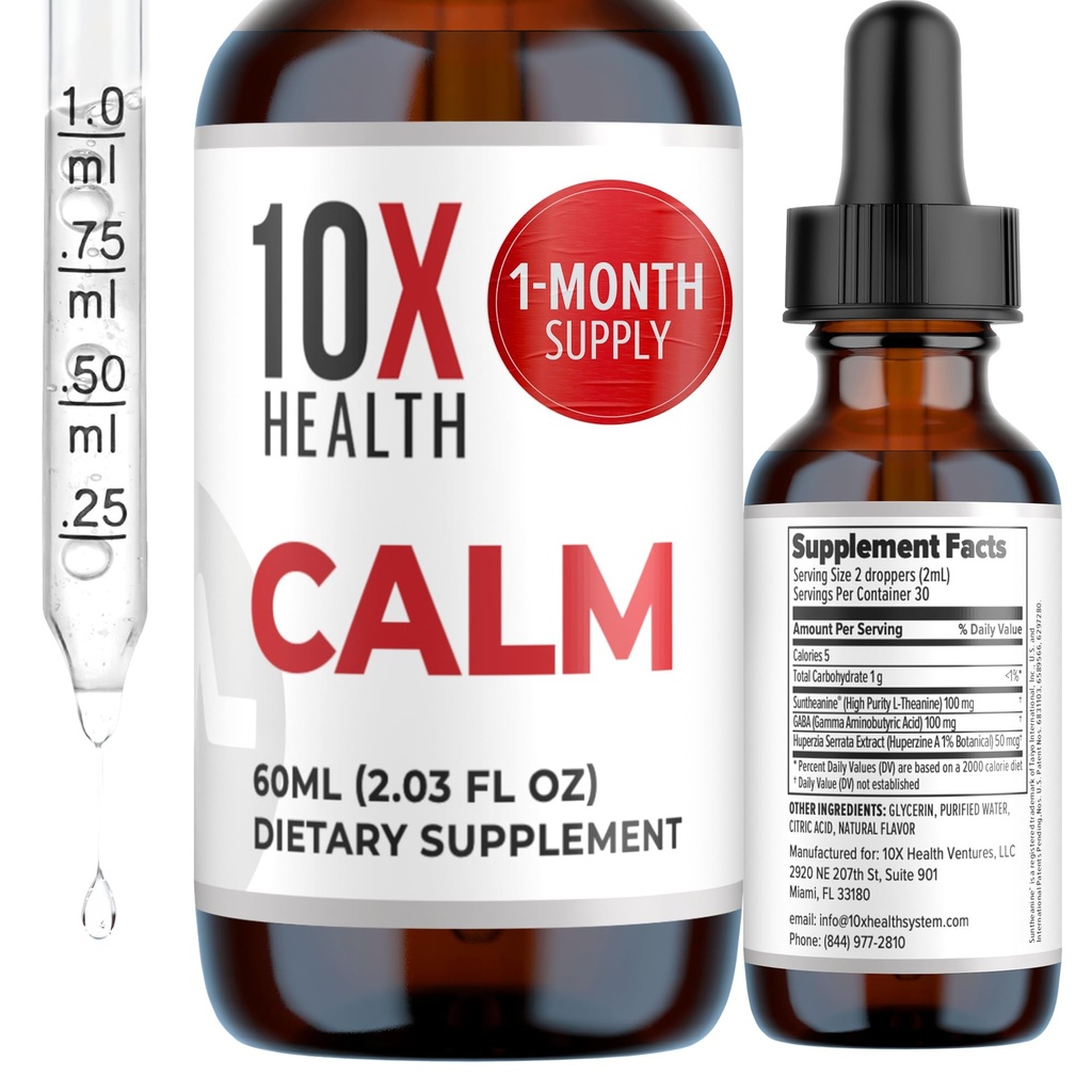 10X 건강 Calm L Theanine 보충교재 액체 하락 - 100mg L'Theanine 하락 & 100mg GABA는 Nerves, Calm & 긴장을 지원하기 위하여 보충합니다 - 자연적인 풍미 2.03 Fl oz.