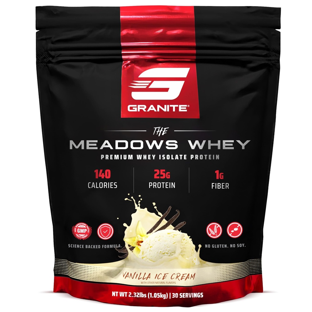 화강암은 150 칼로리, 2g 섬유, 1g 설탕 (30 서빙), 바닐라 아이스크림 풍미를 가진 Lean 근육을 위한 Meadows Whey 단백질 Isolate 단백질 분말을 보충합니다