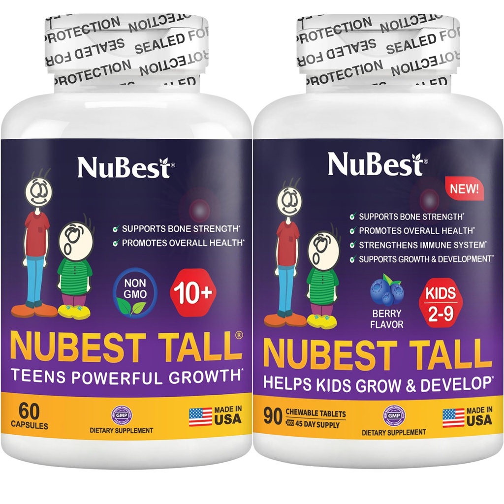 NuBest Bundle Tall 10 + 60 캡슐 Tall Kids 90 Chewable Tablets | 어린이 및 청소년을위한 높이 성장 지원 | 칼슘, 비타민 D3 K2, 교원질 및 초본 혼합