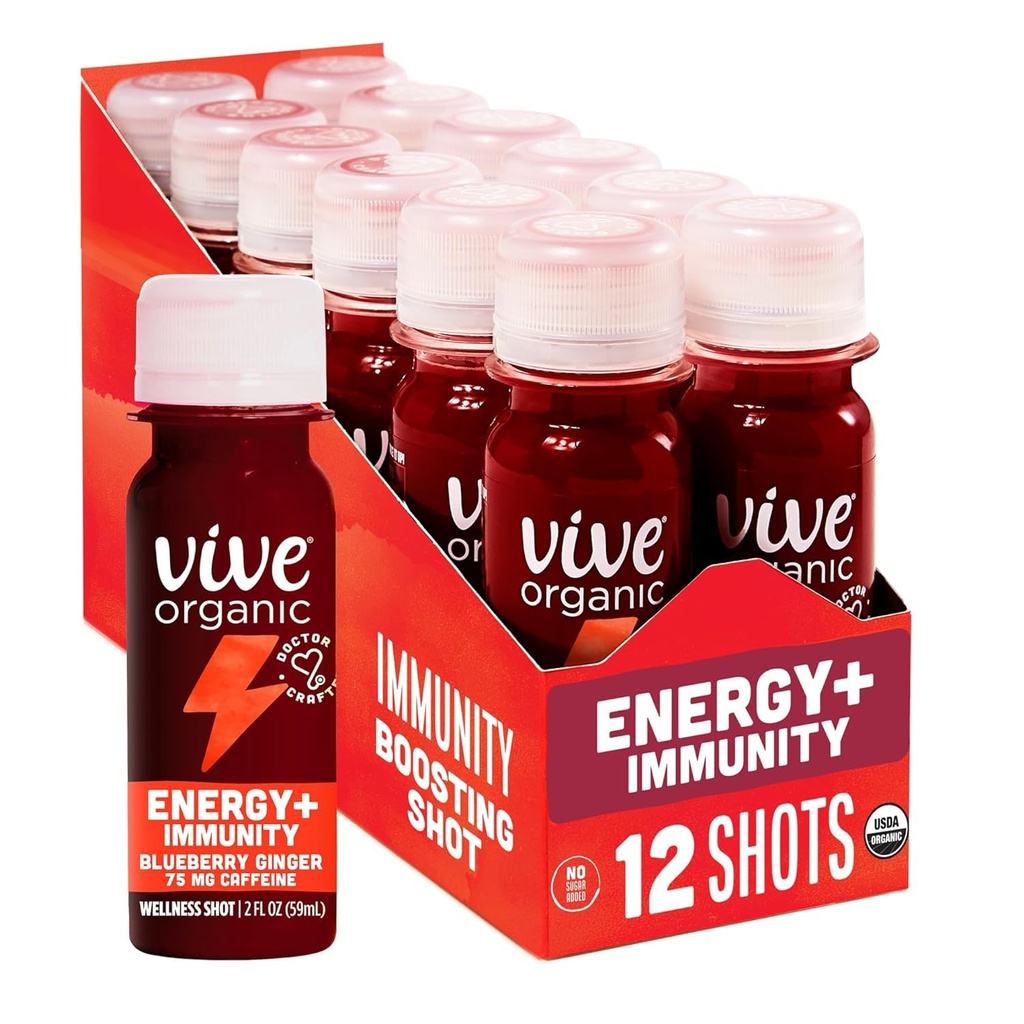 Vive Organic Energy Shot + Immune Support, Ashwagandha, Green Tea & Caffeine, Gluten Free, Vegan, Energy 및 Focus, 2 Fl Oz (12 팩)