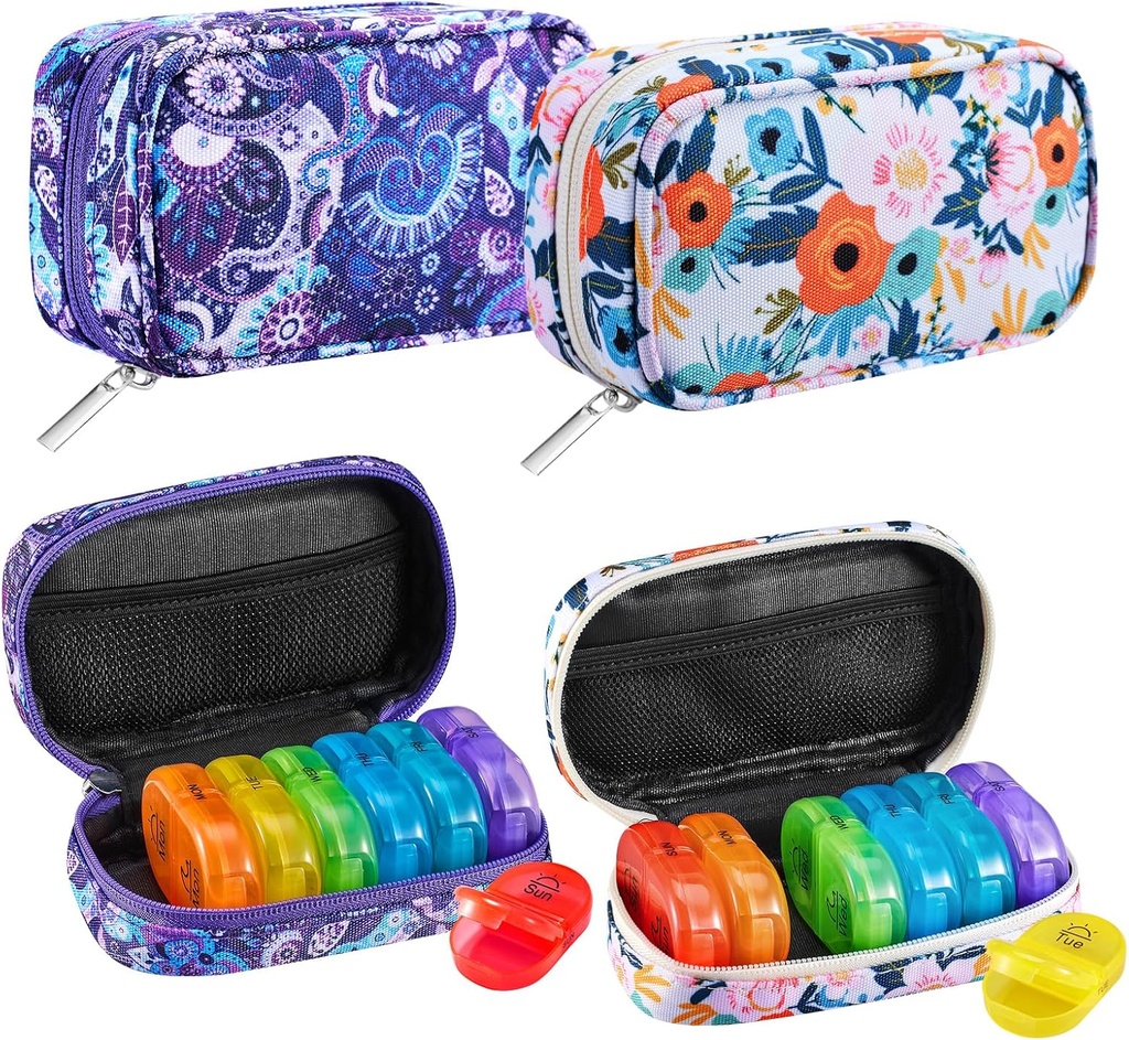 Serfeymi Weekly Travel Pill 주최자 2 Times A Day AM PM Rainbow Pill Box 7 Day with 지퍼 캔버스 알약 케이스, 약 주최자, 비타민, 물고기 오일 - 보라색 01 + 꽃 01