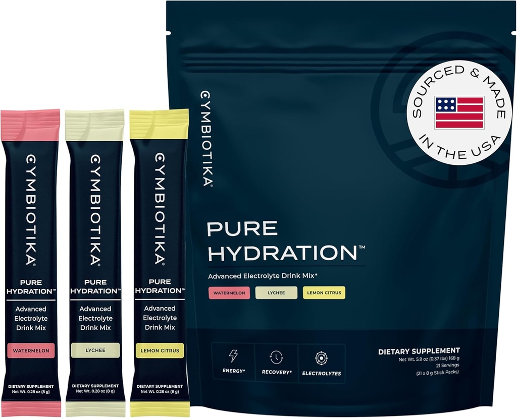 CYMBIOTIKA Pure Hydration Electrolytes Powder Drink Mix with Vitamin C & Magnesium, Keto Friendly Electrolyte Hydration Packets, 다양성 팩, 레몬, Lychee & Watermelon, 7 각, 21의 끈 패킷