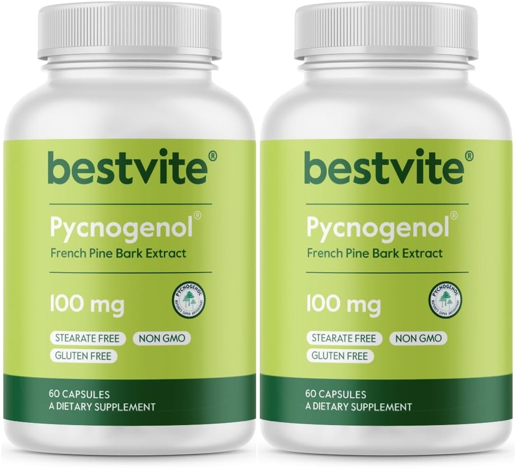 BESTVITE Pycnogenol 100mg (120 캡슐) (60x2) - 프랑스 해상 소나무 껍질 추출물 - Stearates 없음 - 글루텐 없음 - 비 GMO