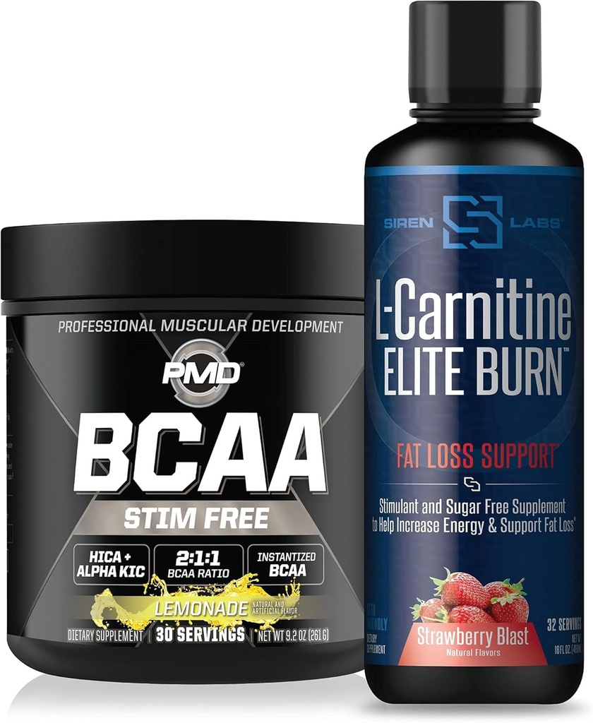 PMD 스포츠 BCAA 's Stim 무료 복구 및 성능 Lemonade (30 인분) & Siren Labs L-Carnitine Elite Burn Fat Loss 지원 Strawberry Blast 3000 mg (32 인분)
