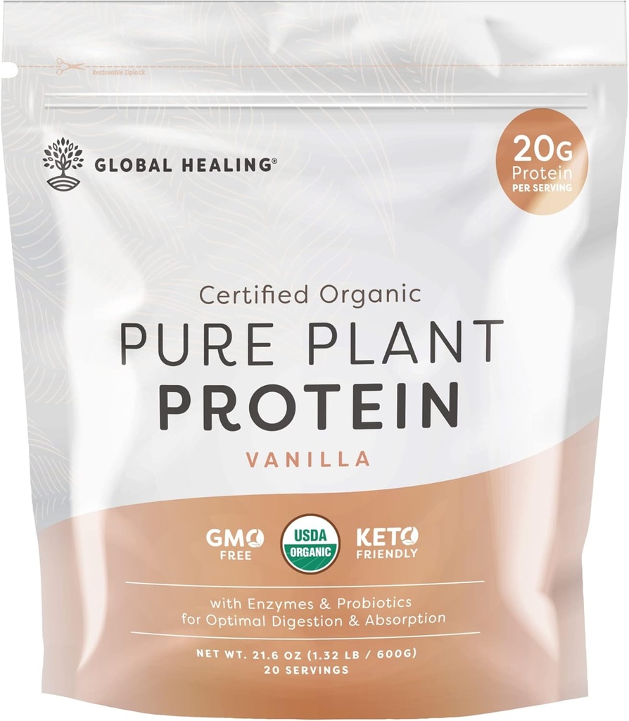 Global Healing Vegan Vanilla, Women & Men, Organic, 식사 교체 용 식물 기반 단백질 분말 (20 서빙, 단백질 20g)