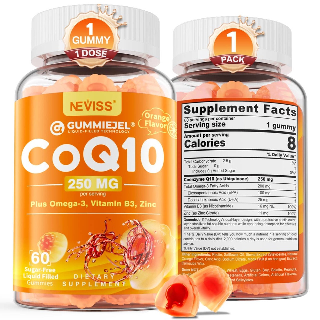 설탕 자유로운 CoQ10-250mg/500mg는 Gummies를 채웠습니다 - 더하기 Omega-3, EPA + DHA, B3 & 아연 - Hear-t 건강, 세포 에너지, 산화 방지제 지원을 위한 매우 이산화탄소 Q-10 보충교재, 60 까지 일 공급, Vegan 60Cts