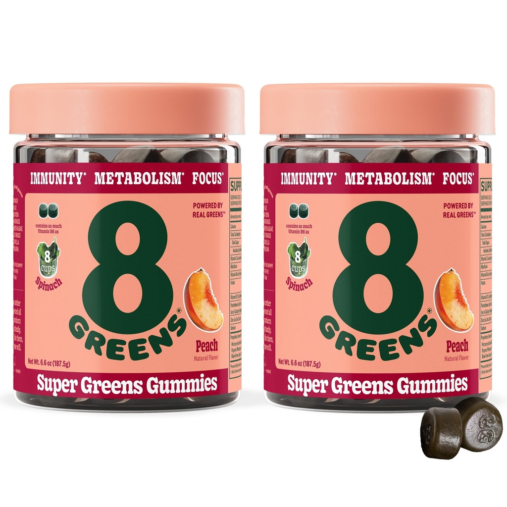 8Greens Supergreens Gummies | Metabolism, Immunity & Focus, Digestive Health Enzymes, Organic : Chlorella, Spirulina, Aloe Vera, 복숭아 풍미, 100 개